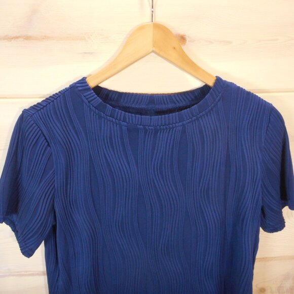 Micoson Women's size S Short Sleeve Tee Navy Blue Wavy Textured Stretch Blouse - Picture 2 of 8